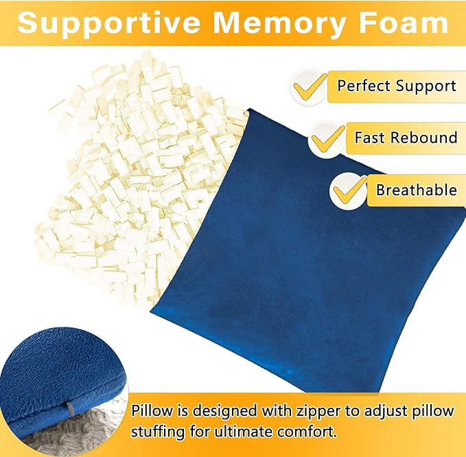 2 Pack Small Pillow, Memory Foam Mini Pillow 11 X 7 Inches for Travel, Sleeping, Nap and Neck, Knee, Lumbar Support, Tiny Cushion for Pet, Dogs (Blue)