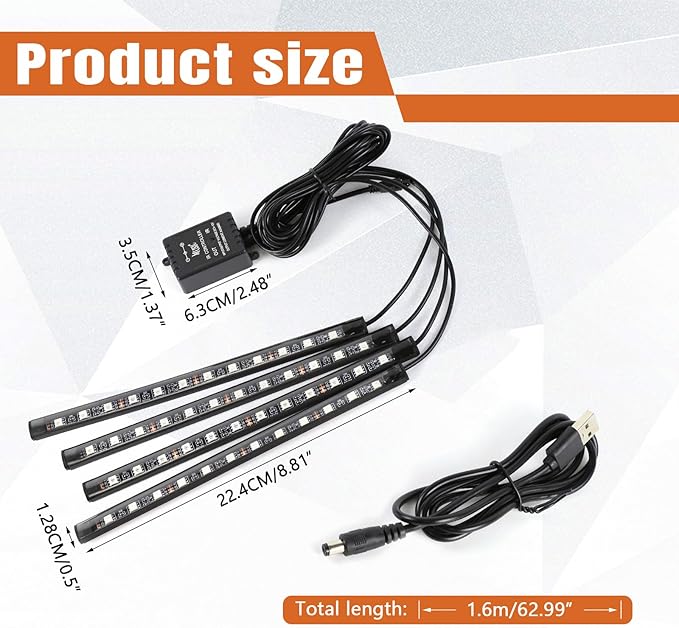 Wuyaoyao Car LED Interior Light, 48 LED Lights Multicolor Music Car Strip Light, Car Strip Light with Sound Active Function and Remote Control, Under Dash Lighting Kit (USB+Remote)