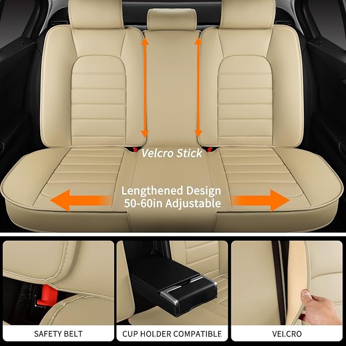 Car Seat Covers Full Set, 5Pcs Universal Leather Seat Covers for Cars, Waterproof Front and Rear Seat Covers, Breathable Automotive Seat Cover for Most Sedans, Trucks, SUVs, Beige