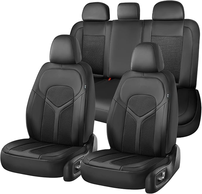 FLORICH Car Seat Covers Full Set, Universal Seat Cover 5 Seats, Automotive Seat Covers with Mesh Leather, Waterproof Car Seat Protector, Breathable Car Seat Cushion for Most Car SUV Truck, Black