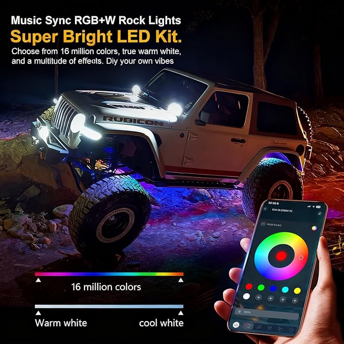 RGB LED Rock Lights Kit, 4 pods Multicolor Neon Light with Bluetooth App/Remote Control Flashing Music Mode, Aluminum Metal, IP68 Waterproof, 12v for Truck ATV UTV SUV
