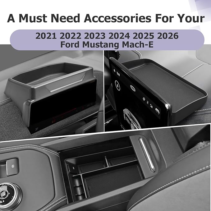 LUWU 3PCS 2025 2026 Mustang Mach E Dashboard Storage Tray Compatible with Ford Mustang Mach E 2021-2026 Accessories Center Console Armrest Box Hidden Organizer Tray Behind Screen ABS Material