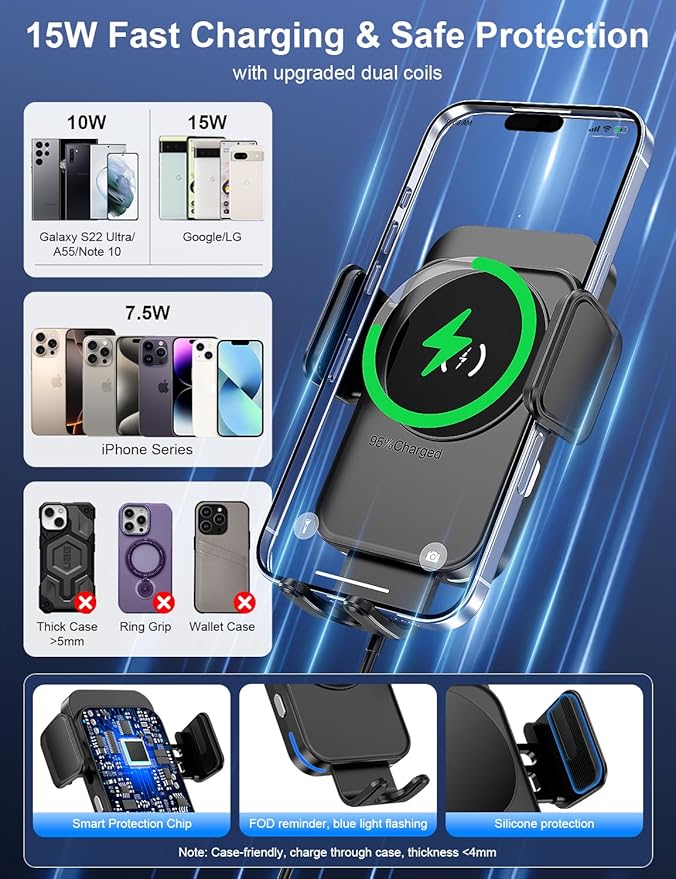 Cup Holder Phone Mount, [Auto Clamping] 2 in 1 Wireless Car Charger Holder Fast Charging, 15W with Quick Extension Long Arm, Fast Swivel Adjustable, 360° Rotatable for iPhone 17/16/15/14/13/12 pro/12