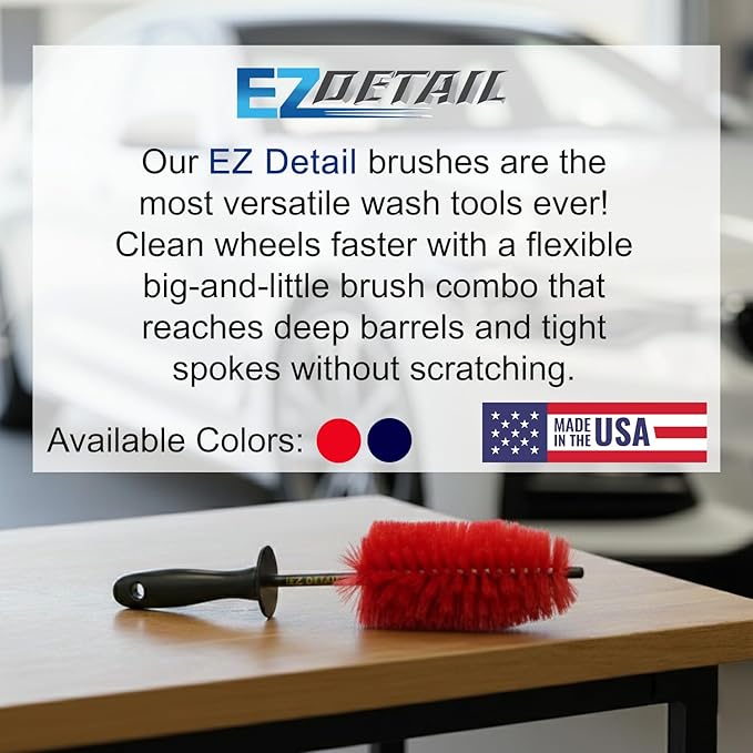 EZ Detail Brush Little - Red - Wheel Rim Cleaner for Cars, Bike, Trucks, Motorcycle, and Other Vehicles. Non-Scratch Auto Detailing Tool, Easily reaches Nook and Crannies