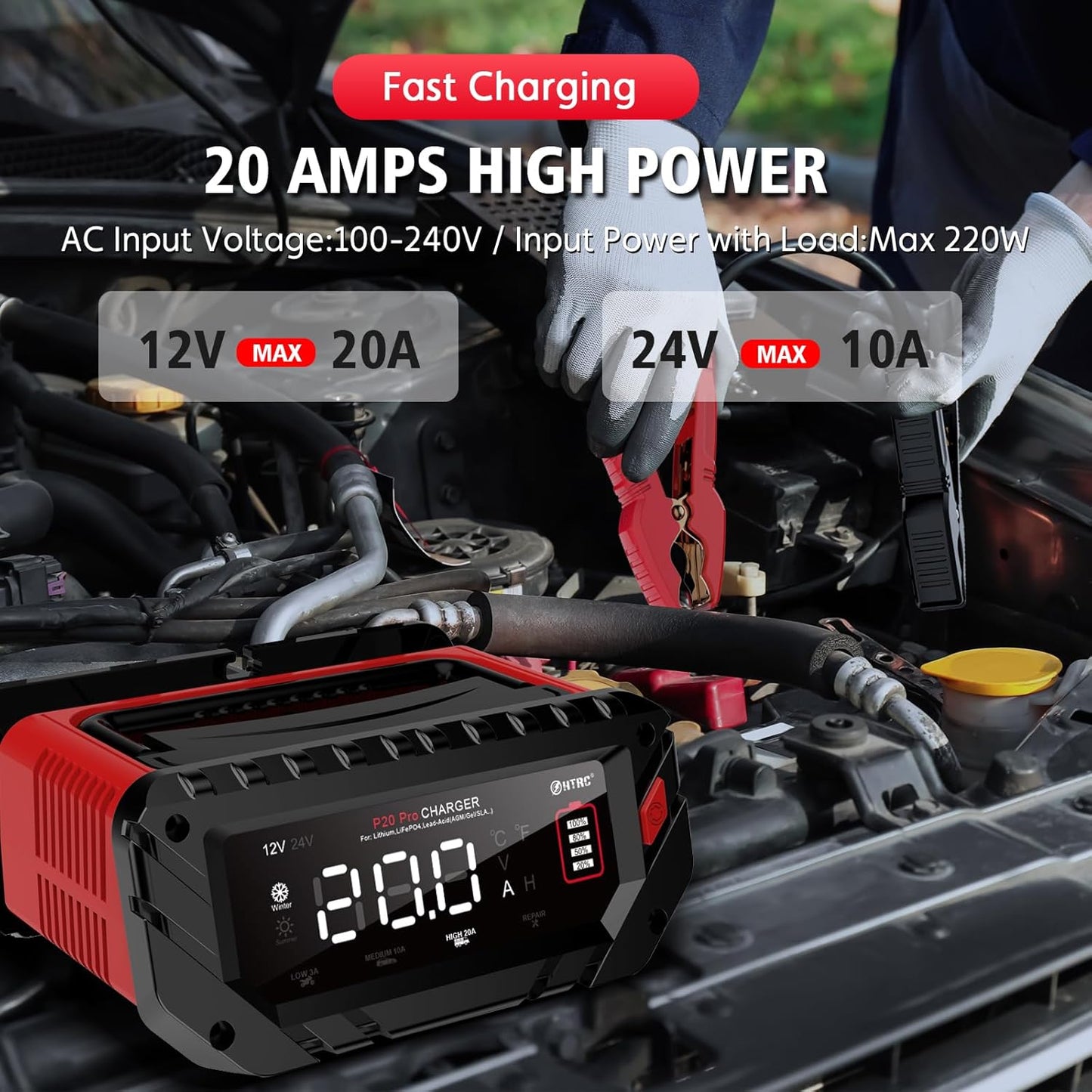 Lithium Lifepo4 Battery Charger,12V 24V AGM Deep Cycle Fully Automatic Car Battery Charger,12 Volt 24 Volt 20 amp Batetry Charger Automotive,Smart Trickle Charger