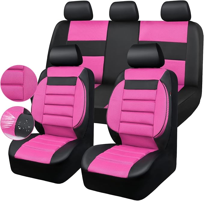 CAR Pass Leather 3D Foam Back Support Car Seat Covers Full Set Air Mesh Automotive Seat Covers, All Season Car Seat Cover Fit Automotive,SUV,Sedan,Van, Airbag Compatible Elegance (Black and Pink)