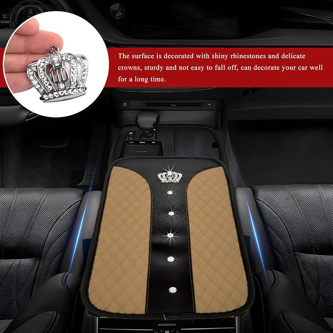 Bling Leather Car Center Console Cover, Anti-Slip Crown Armrest Seat Box Cushion Pad with Rhinestones, Waterproof Crystal Arm Rest Protector Interior Decor for Most Vehicles (Beige)