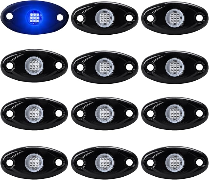 12 Pods Blue LED Rock Lights Neon Underglow Light for Car Truck ATV SUV Under Body Glow Light Trail Fender Lighting