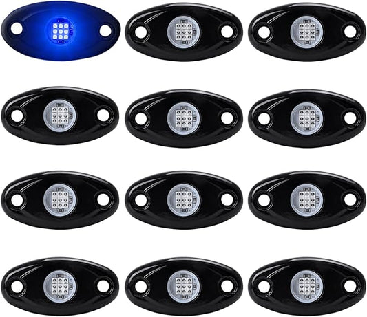 12 Pods Blue LED Rock Lights Neon Underglow Light for Car Truck ATV SUV Under Body Glow Light Trail Fender Lighting