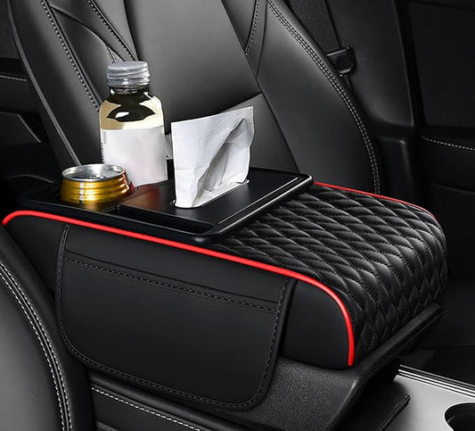Car Armrest Center Console Cover for Toyota Prius (XW20) 2.Gen 2003 2004 2005 2006 2007 2008 2009 2010, Center Console Pad with Cup Holder, Multifunctional Armrest Cushion,A Black+Red