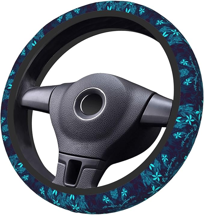 Polynesian Teal Tribal Leaf Floral Car Steering Wheel Cover for Women Men Stretch Cloth Anti-Slip Wrap Protector Case Fit Universal Auto Accessories Decor Sweat Absorption 14-15 Inch