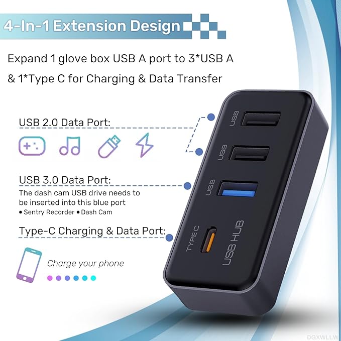 USB Hub for Tesla Model Y Juniper 2025 2026 Model 3 Highland 2024 2025, Glove Box USB 3.0 Expander with 1 USB C & 3 USB A Port Docking Station for Dashcam Flash Drive Data Transfer Game Music