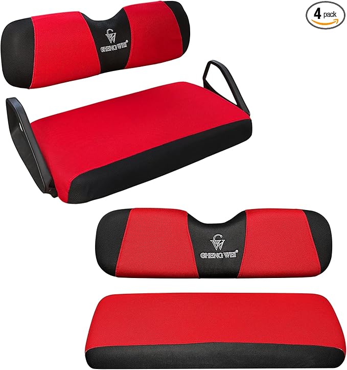 Golf Cart Front and Rear Seat Covers Sets for EZGO TXT RXV & Club Car DS 2000 and UP Standard Seat Cushion, Replacement Cooling Breathable Washable No Stapler Needed (Red& Black)