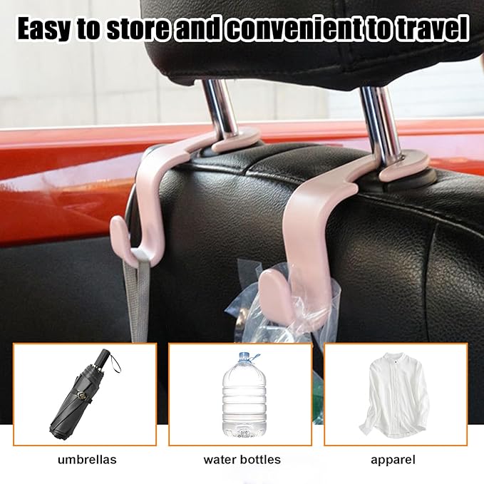 Ziciner 4 PCS Car Seat Headrest Hooks, Backseat Hangers Storage Organizer, Universal Car Accessories for Purse Grocery Bags Coats (Light Pink)