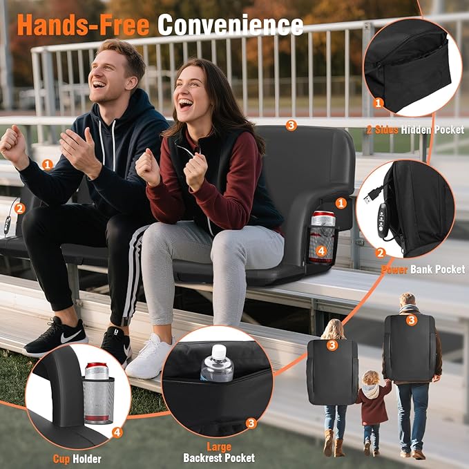 Suteck Dual-Side Heated Stadium Seats with Back Support, Wide Portable Stadium Chair, Foldable Bleacher Chair W/USB 3-Level Heating, 5 Storage Pockets for Outdoor Bleachers Camping Games