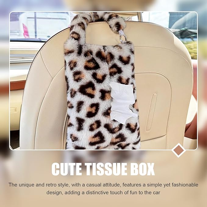 Leopard Print Car Tissue Bag, Cute Plush Hanging Tissue Holder, Multi-Functional Car Backseat Hanging Storage Bag, Universal for Small-Size Tissues (Gray)