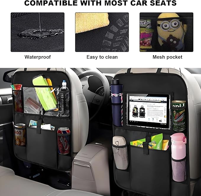 2PCS Car Backseat Organizer, Oxford Car Back Seat Protecter Kick Mat with Touch Screen Tablet Holder, Waterproof Automotive Seatback Storage Bag with Multi Functional Pockets (Large Pocket)