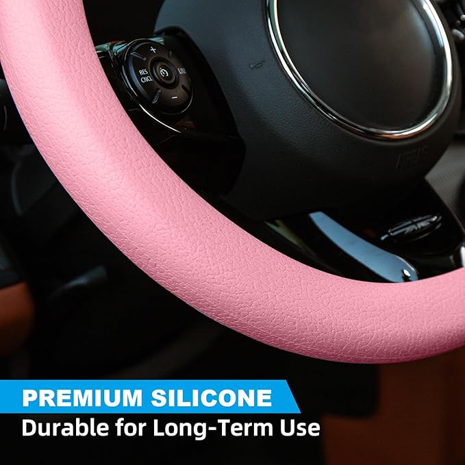 Spurtar Pink Steering Wheel Cover Women Girls, Soft Pink Car Accessories Thin Silicone Texture Cute Steering Wheel Covers, Fit Diamenter 15" - 16.5"
