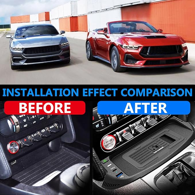 Wireless Car Charger for Ford Mustang 2015 2016 2017 2018 2019 2020 2021 2022 2023 with 27W USB & Type-C Center Console Accessory Panel, Fast Charger for i-Phone Sam-Sung