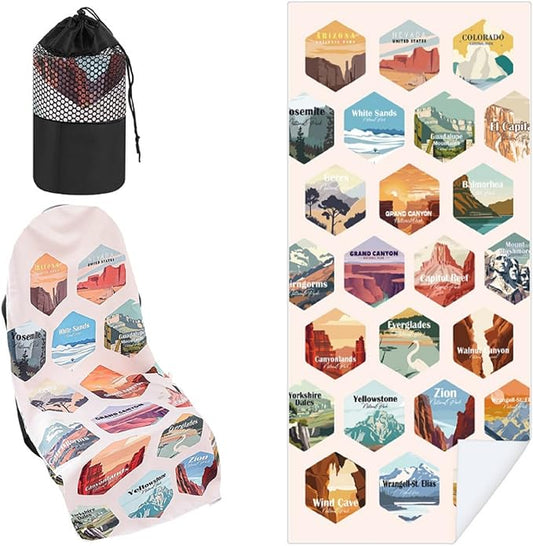 1 Pack Car Seat Towel Covers with Storage Bag 63 x 32 Inch Athletic Running Towel Seat Sweat Washable Non Slip Cover Gift for Car Outdoor Sport Activities (Multi National Parks)