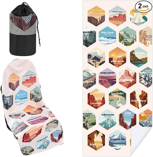 2 Pack Car Seat Towel Covers with Storage Bag 63 x 32 Inch Athletic Running Towel Seat Sweat Washable Non Slip Cover Gift for Car Outdoor Sport Activities (Multi National Parks)