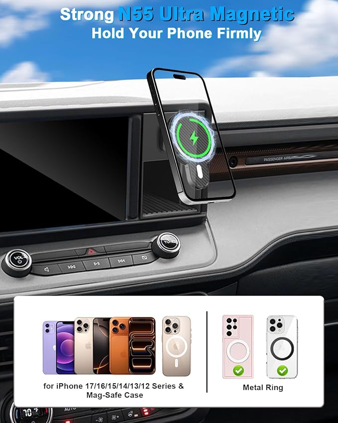 PZK Car Phone Holder for Ford Maverick 2022 2023 2024 Accessories with Strong Magnetic 15W Fast Wireless Charger Magsafe Car Phone Mount with Cubby Stroage Box Trunk Dash Mount 360° Rotation