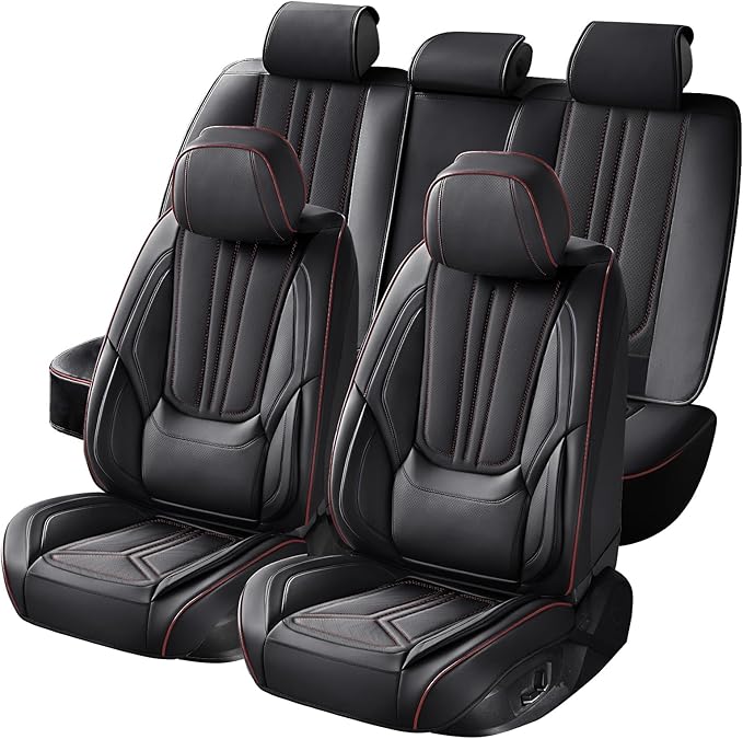 Car Seat Covers, Premium Leather Car Seat Covers, Waterproof and Breathable Seat Covers, Universal Car Seat Protector Fit for Cars, Trucks, SUVs, Pick-ups (Black&Red line, FullSet)