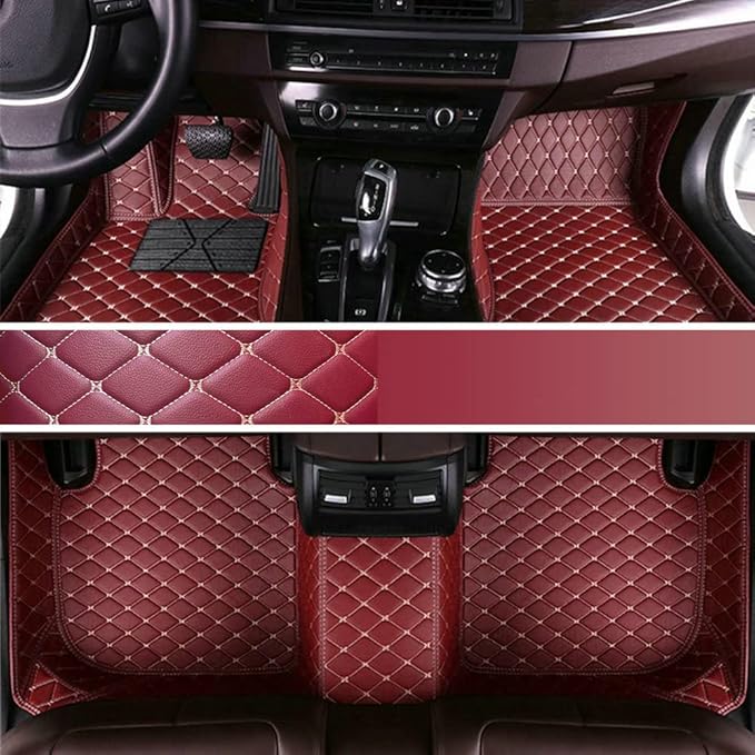Custom Personalized Floor Mats for Cars - Luxury Full Coverage All Weather Mats, Anti-Slip Leather Mat Set, Fit for 99% of Cars, SUVs & Trucks (Wine Red, A-Diamond)