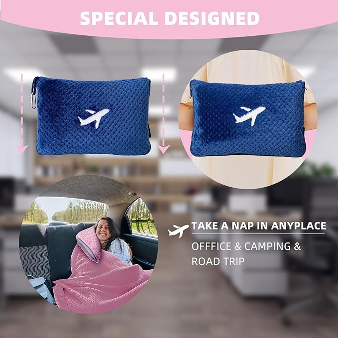 3 in 1 Travel Blanket Pillow Set - 350 GSM Thick Travel Blanket Airplane Compact with Bag, Soft Bag with a Pocket, Inflatable Travel Pillow for Camping & Car Trip (Royal Blue)