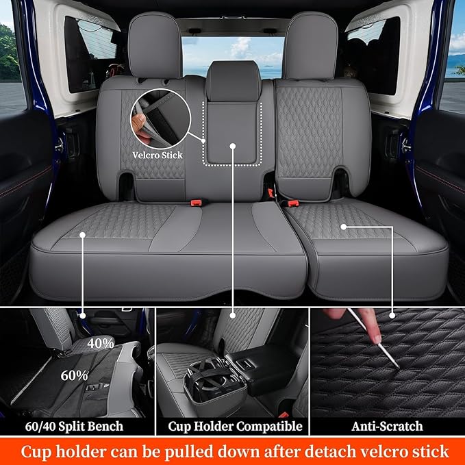 Coverado Seat Covers for Jeep Wrangler, Waterproof Seat Cover Full Set, Vehicle Leather Seat Protector for Unlimited Sahara Rubicon Willys Jeep Wrangler JL Seat Cushions 4 Door 2018-2026 (Gray)