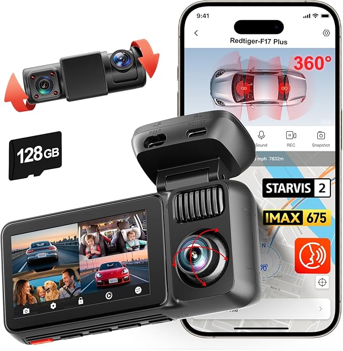 REDTIGER F17 Plus 4 Channel Dash Cam,STARVIS 2 IMX675, 360° Inside & Outside Recording, 2.7K Front + 1080P Cabin & Rear, 5.8GHz WiFi GPS, Voice Control, Touchscreen, Parking Mode, Free 128GB Card, HDR
