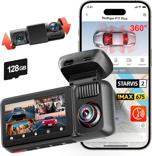 REDTIGER F17 Plus 4 Channel Dash Cam,STARVIS 2 IMX675, 360° Inside & Outside Recording, 2.7K Front + 1080P Cabin & Rear, 5.8GHz WiFi GPS, Voice Control, Touchscreen, Parking Mode, Free 128GB Card, HDR