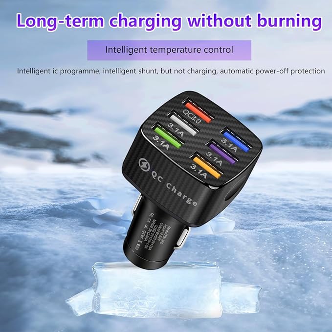 Augeny Car Charger Adapter, 6 USB Multi Port Fast Charger, Include QC 3.0 and 5 Other Ports, Auto Quick Charging Adapter for Most Cell Phones, Interior Car Accessories for SUV Truck (Black)