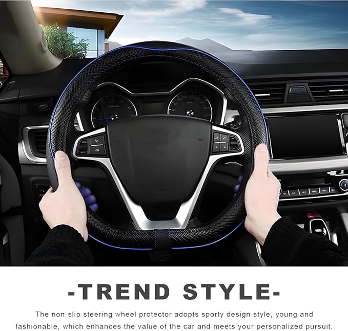 Car Steering Wheel Cover, 15 Inch Anti-Slip Breathable Leather Auto Steering Wheel Protector, Full Surround Soft Steering Wheel Cover for Men Women, Car Interior Accessories (Black & Blue)