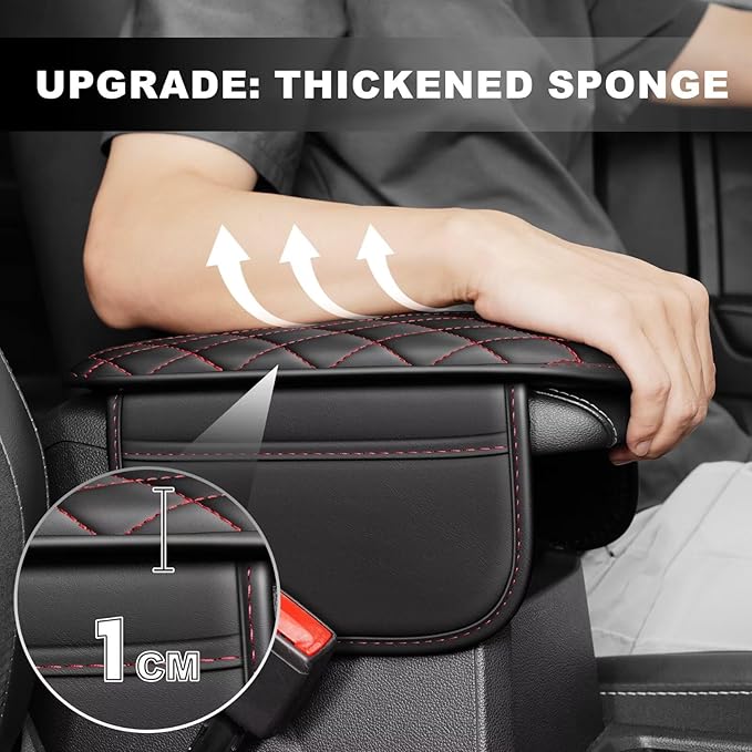 Upgraded Car Center Console Cover Fit for Corolla Faux Leather Car Armrest Cover Cushion with 2 Storage Bags,Car Armrest Storage Box Interior Accessories(Black&Redline)