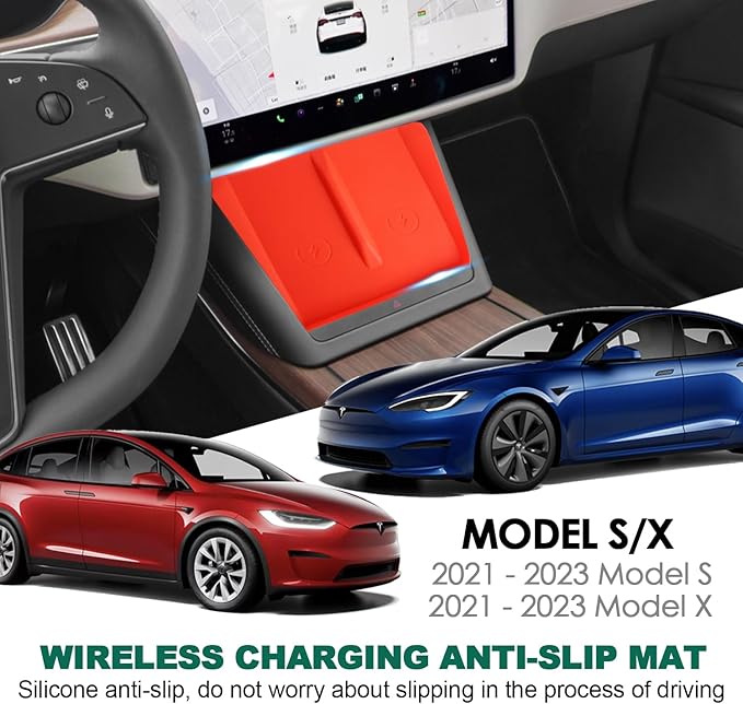 Center Console Wireless Charging Silicone Mat Compatible with Tesla Model X Model S 2023 2022 2021 Accessories Waterproof Cover Interior Pad Non-Slip Mats Phone Tray Upgrade (Red)