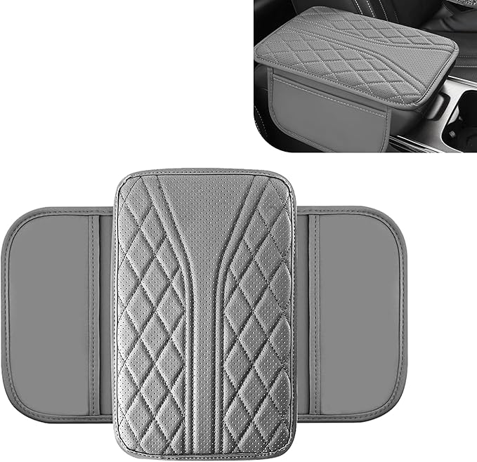 Car Center Console Cover, Leather Center Armrest Cover with Storage Bags, Automotive Heightening Console Protection Pad, Universal for Cars, Trucks, SUVs (Grey)