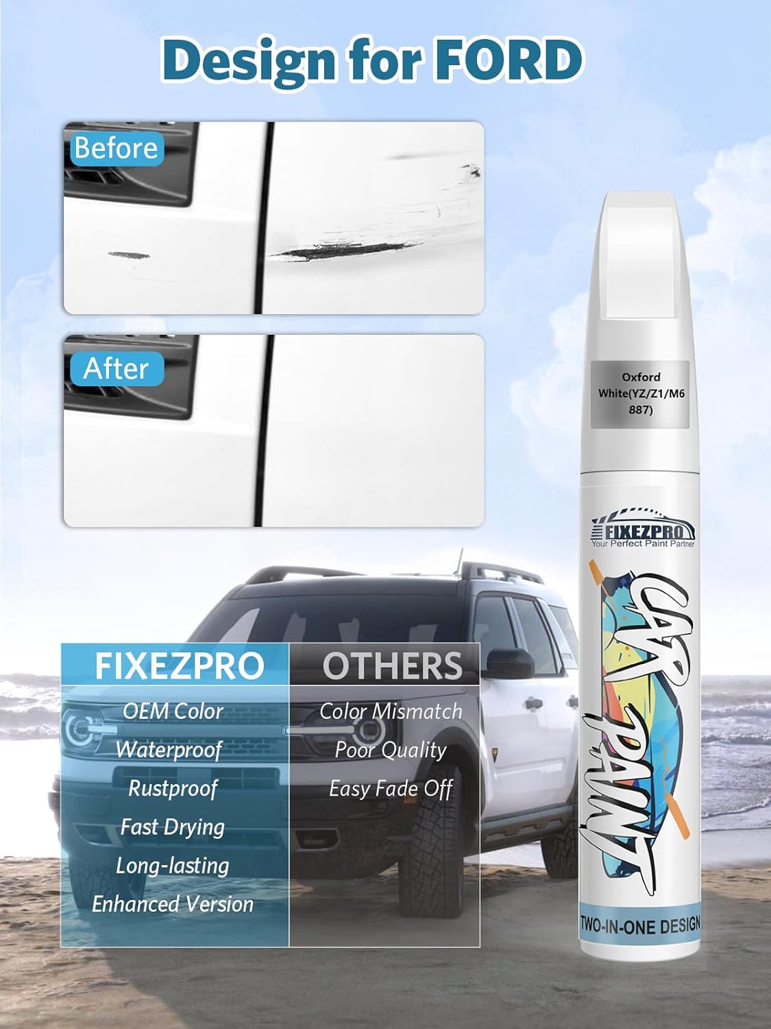 Iconic Silver Metallic(JS/M7432A) Touch Up Paint for Ford, Car Paint Scratch Repair Remover Pen Color Exact Match, Quick and Easy Fix Automotive Chips and Nicks Scuff