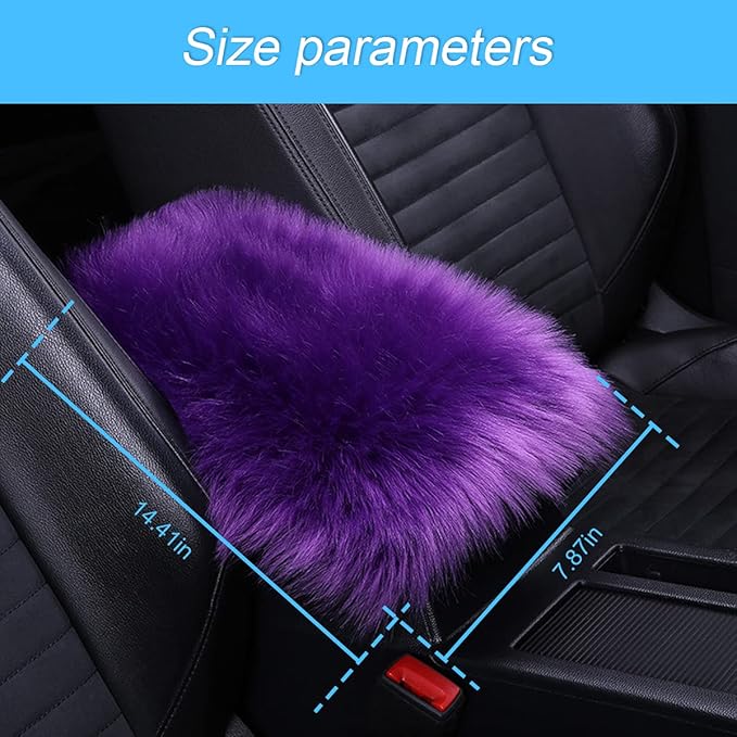 Center Console Cushion Pad/Cover, 11.4"x7.4" Furry Armrest Cover for Cars, Vehicles, SUVs, Premium Sheepskin Wool, Car Interior Accessories for Women(Purple)