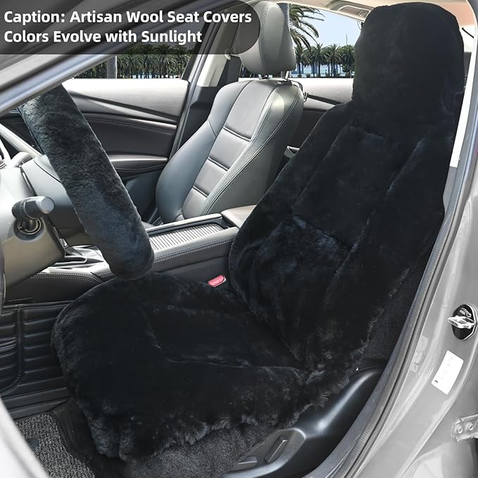 Aegis Cover Premium Australian Merino Sheepskin Car Seat Cover, Easy-Install Summer & Winter Universal Fit for SUV Truck Sedan Most Vehicles (FS-Black)