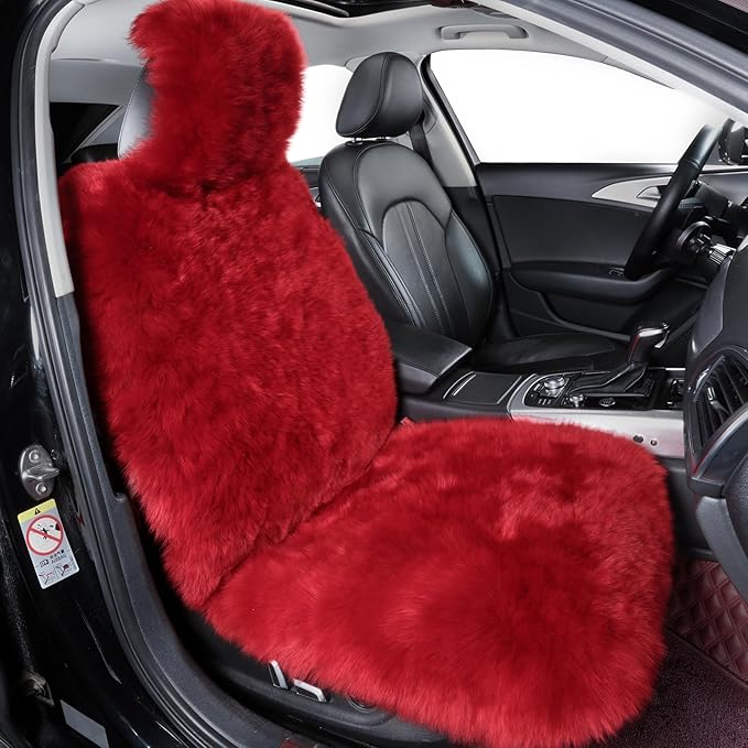 OGLAND Fluffy Sheepskin Car Seat Cover-Fuzzy Fur Auto Cushion for Universal Automotive Protector (Red, 1 Pcs Front Seat Cover)