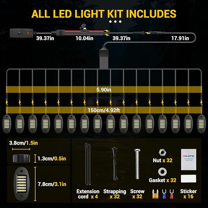 Hovano 16 Pods White Rock Light Kit with Wired Switch - 6500K Pure White LED Underglow, IP68 Waterproof, Super Bright 36 LEDs for Trailer Off Road SUV UTV ATV RZR Car