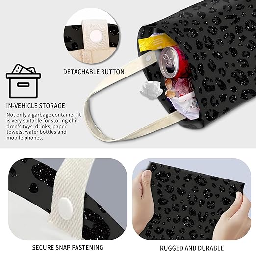 Cute Car Trash Can, Hanging Canvas Car Back Seat Organizer and Storage Bag, Funny Car Trash Bag For Travelling, Outdoor Cute Black Grey Leopard