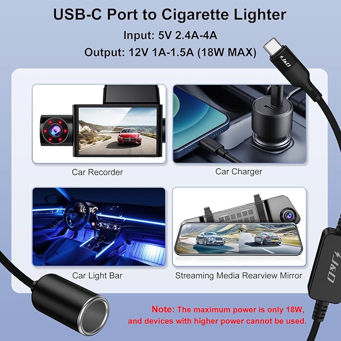 J&D USB C Male to 12V Car Cigarette Lighter Socket Female Converter Cable, 12V 18W Power Cable for Dash Cam, GPS, Car LED Light Strips, Black, 1 ft