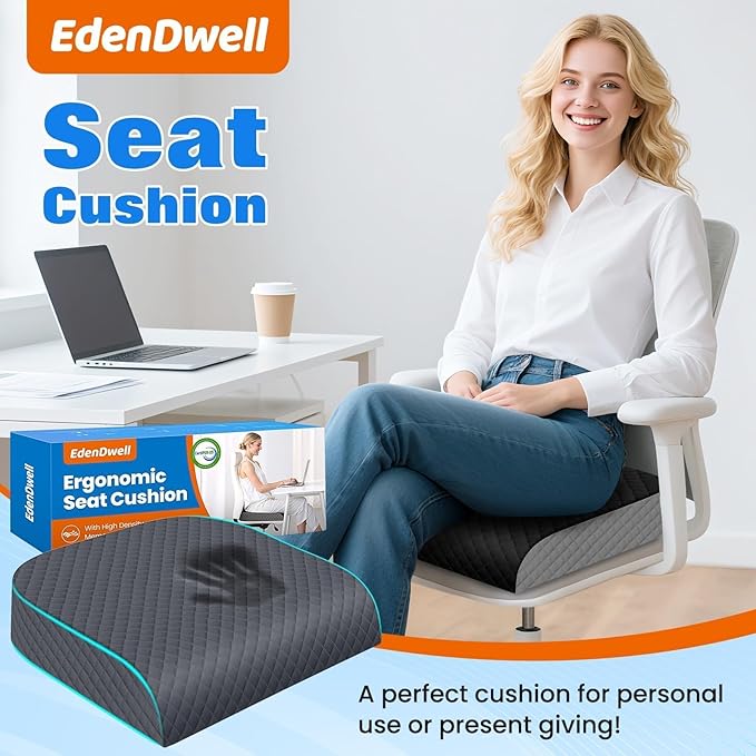 Seat Cushion for Office Chair, Memory Foam Chair Cushions, Car Seat Cushion for Long Sitting, Desk Chair Cushion for Pressure Relief, Non-Slip Bottom, Washable Cover, Large, Grey