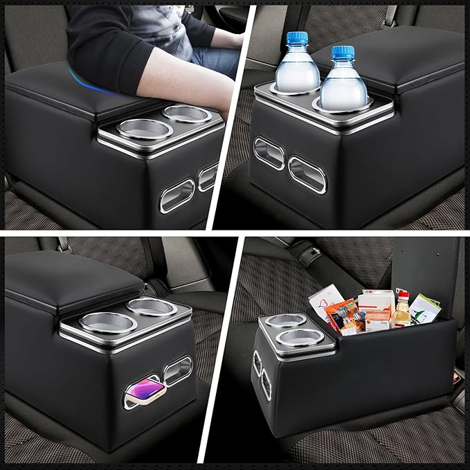 Universal Car Center Console Organizer with Cup Holder& Phone Holder, Rear Bench Seat Consoles with Armrest Middle Storage Box, Truck Seat Organizer for Car & Van & Truck Floor Cab, Black