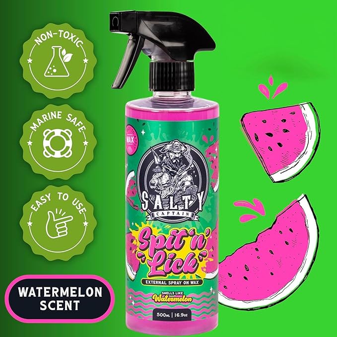 Salty Captain Spit & Lick Spray Wax Cleaner - (Juicy Watermelon Scent) Hydrophobic Automotive Car & Marine Boat Wax Polish | UV & Salt Protectant Marine Wax Sprayer for the Best Showroom Finish