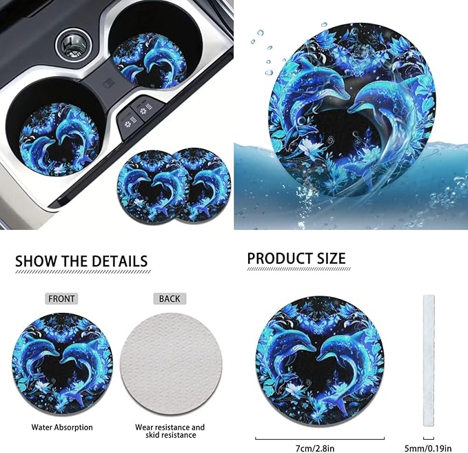 FKELYI Dolphin Universal Auto Seat Covers and Steering Wheel Protector, Car Gear Shifter Knob and Handbrake Cover, Headrest Covers, Cup Coasters