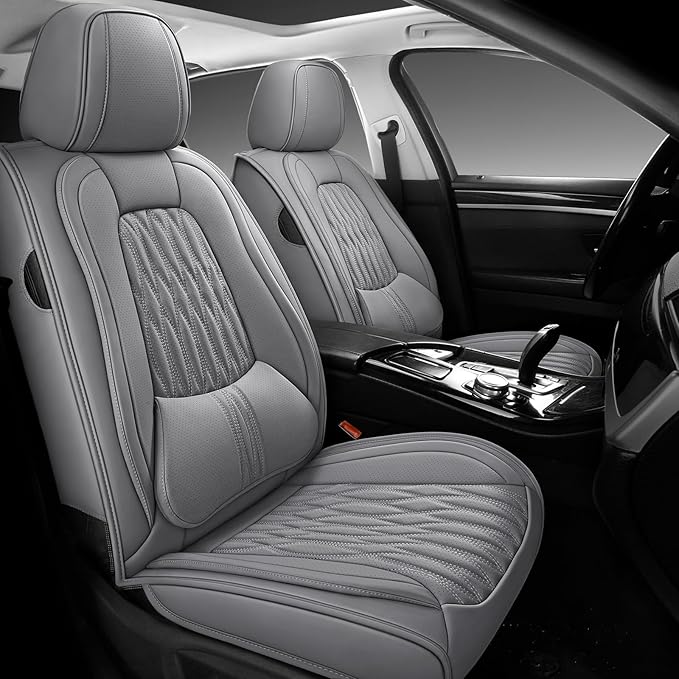 WELLDO Car Seat Covers Full Set, Leather Seat Covers for Car, Waterproof Car Seat Protector with Lumbar Support, Automotive Seat Covers Universal Fit for Most Cars SUV Truck,Gray,w02.