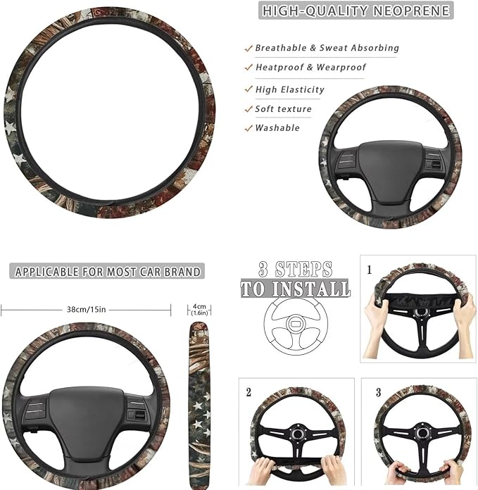 FKELYI American Flag Car Seat Cover Set, Skull Deer Gear Shift Knob, Handbrake, Steering Wheel, Cup Holder Coasters, Headrest